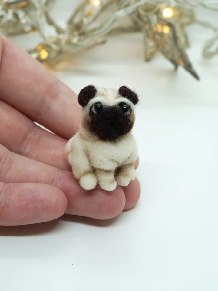 Tiny needle felted pug, miniature felted pet, dog portrait, made to order