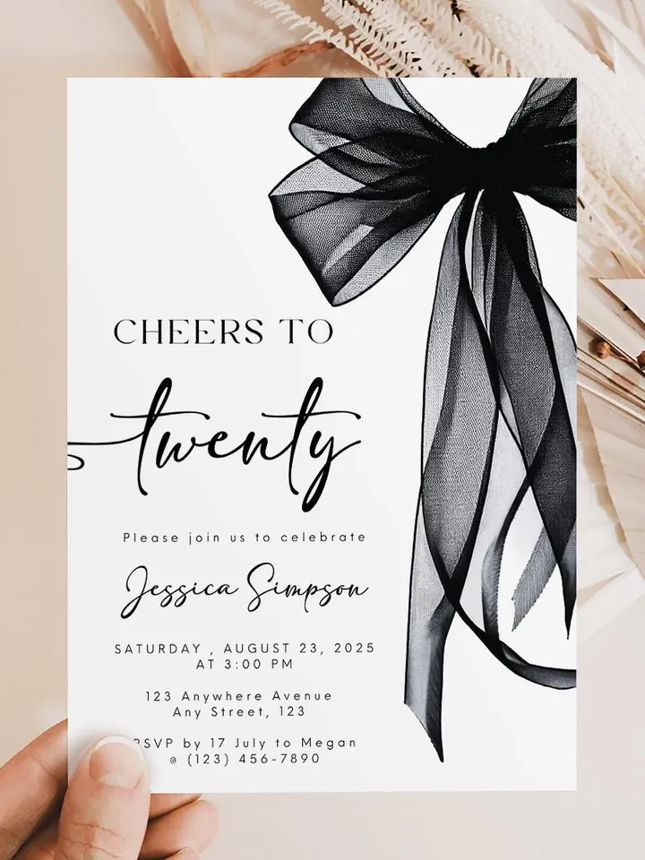 Coquette Black Bow 20th Invitation, Editable Twentieth Birthday Party Invite, DIY Digital Black Ribbon, Cheers to Twenty Invite