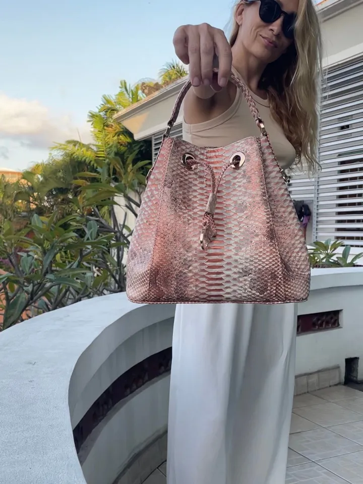 Genuine python skin peachy gold bucket crosshandle bag designer women purse | classy elegant crossbody PAULA bag | exotic leather bags |