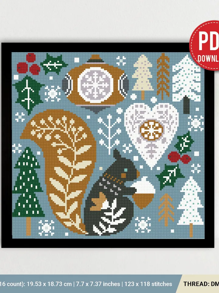 Scandinavian Christmas Bundle stitch pattern squirrel ornament New Year decor cross stitch pattern counted DIY embroidery instant PDF
