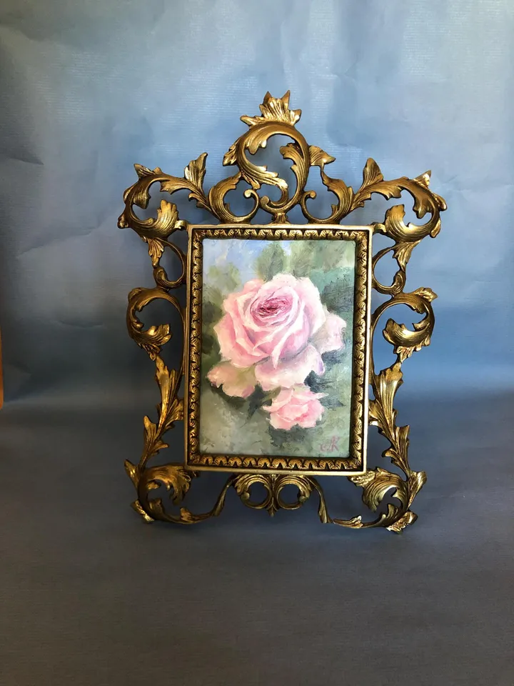 Pink Roses Painting Framed Antique Metal Frame Shabby Chic Painting