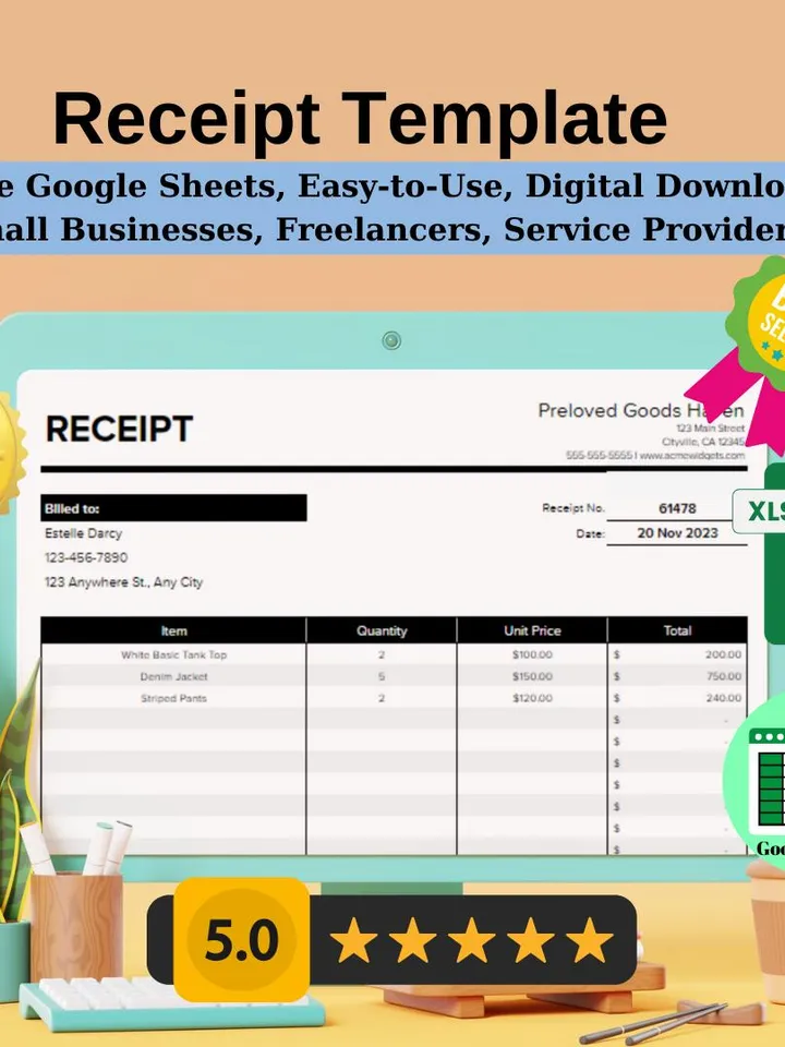 Receipt Template, Editable Google Sheets, Easy-to-Use, Digital Download for Small Business, Freelancers, Service Providers