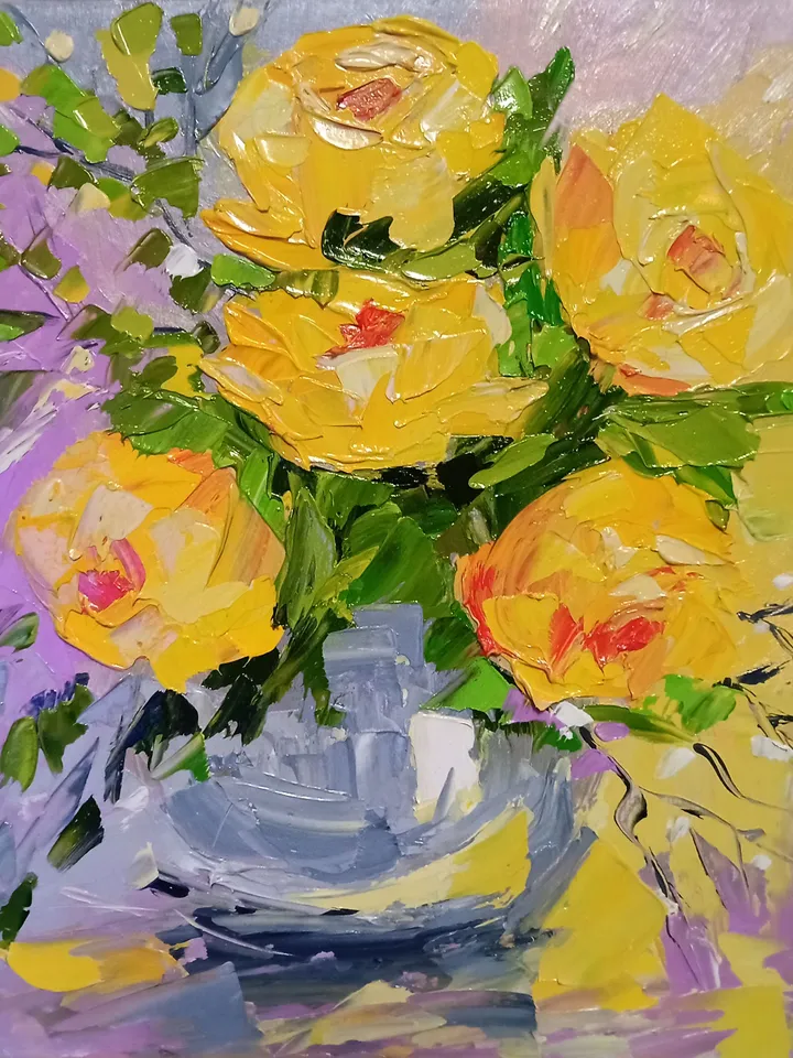 Roses Yellow Painting Original Art Impasto Oil Painting on Cardboard