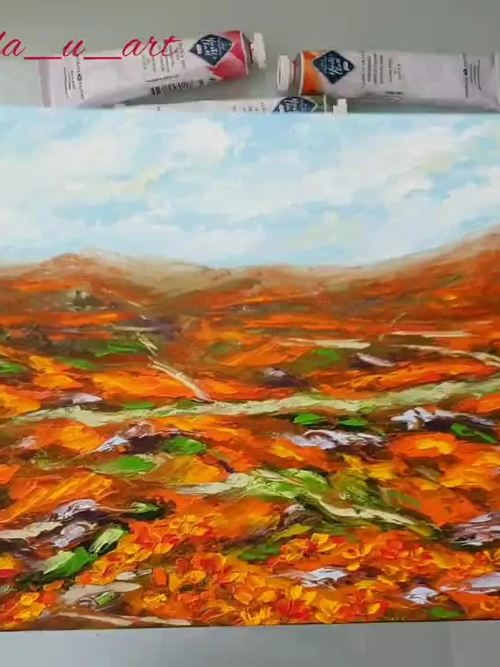 Poppy Painting Landscape Original Art Fields Artwork Floral Impasto Oil Painting