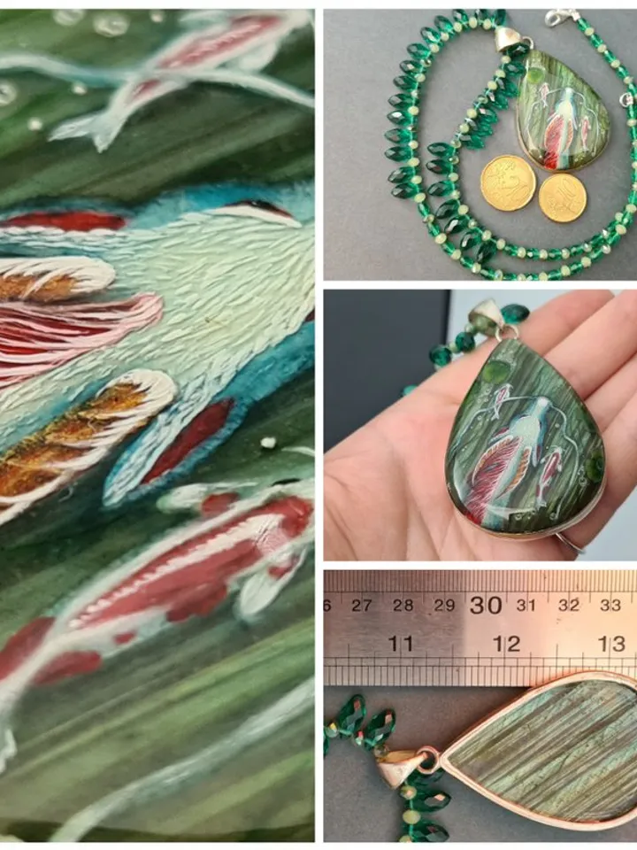 Dragon necklace with koi Miniature painting Labradorite pendant Witchy necklace