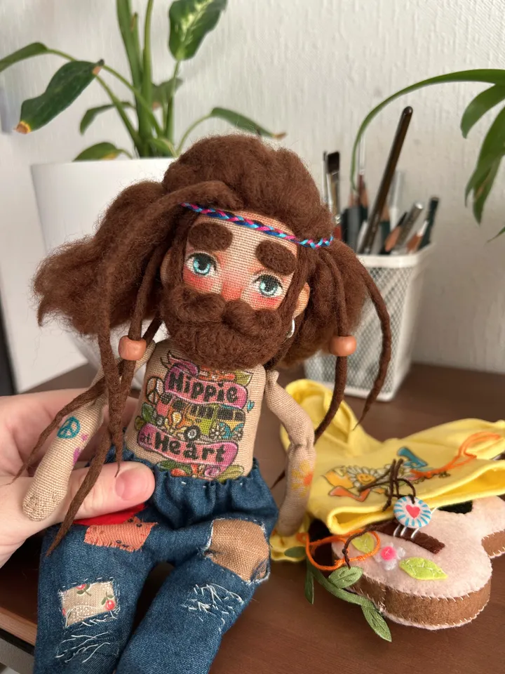 Textile doll Hippie man with tattoo and tiny felt guitar