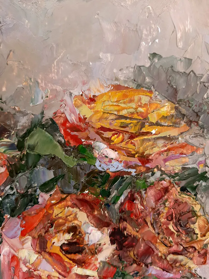 Yellow Red Roses Painting 11x9" Original Flower Art Oil Hand Painted Artwork Signed by artist Marina Chuchko Impressionist