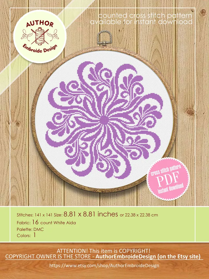 Flower mandala cross stitch pattern PDF download, Mandala ornament cross stitch chart, Floral mandala pattern digital PDF, Home decor #M239
