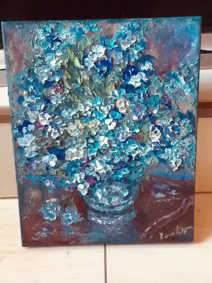 Blue flowers in a vase original oil impasto style heavy textured painting on 3 d canvas,flowers impressionistic painting,home decoration.