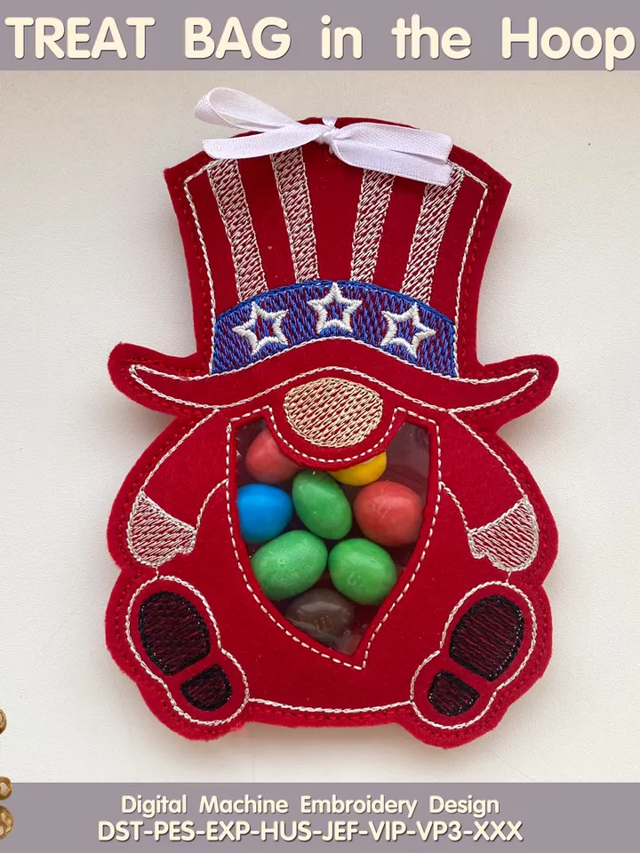 In The Hoop Machine Embroidery design ITH Peekabo Bag Patriotic USA Gnome Treat Bag ITH Pattern.