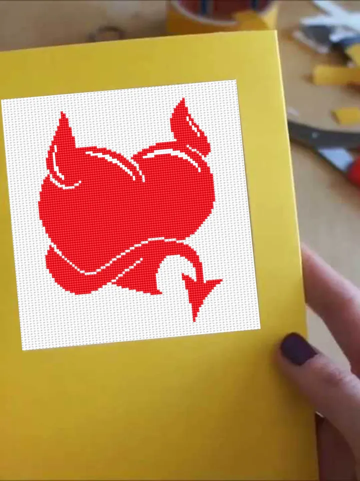 Devil heart cross stitch pattern download PDF Funny Valentine stitch, Heart ornament cross stitch chart, Devil horns, Heart design #T11
