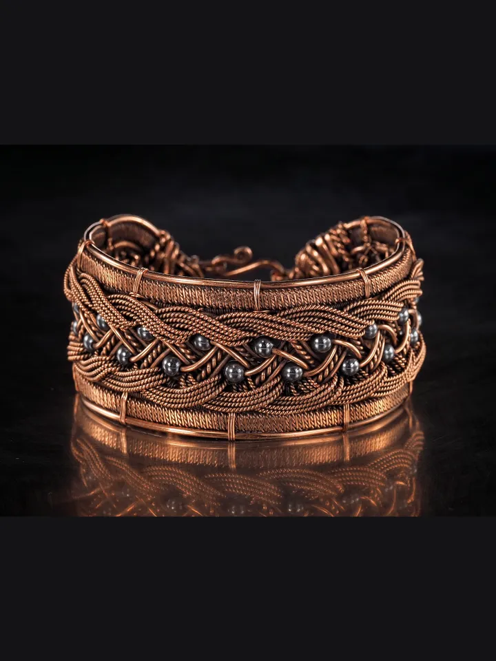 Copper wire wrapped bracelet with hematite for lady Antique style WireWrapArt