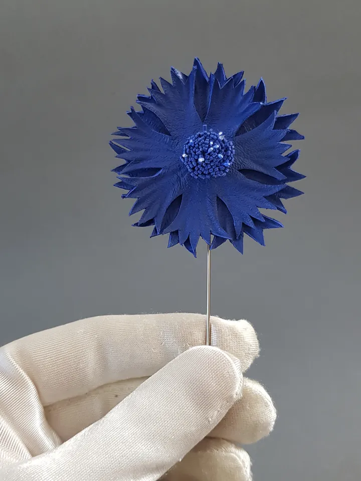 Blue cornflower men's lapel pin Leather boutonniere for him 3rd anniversary gift