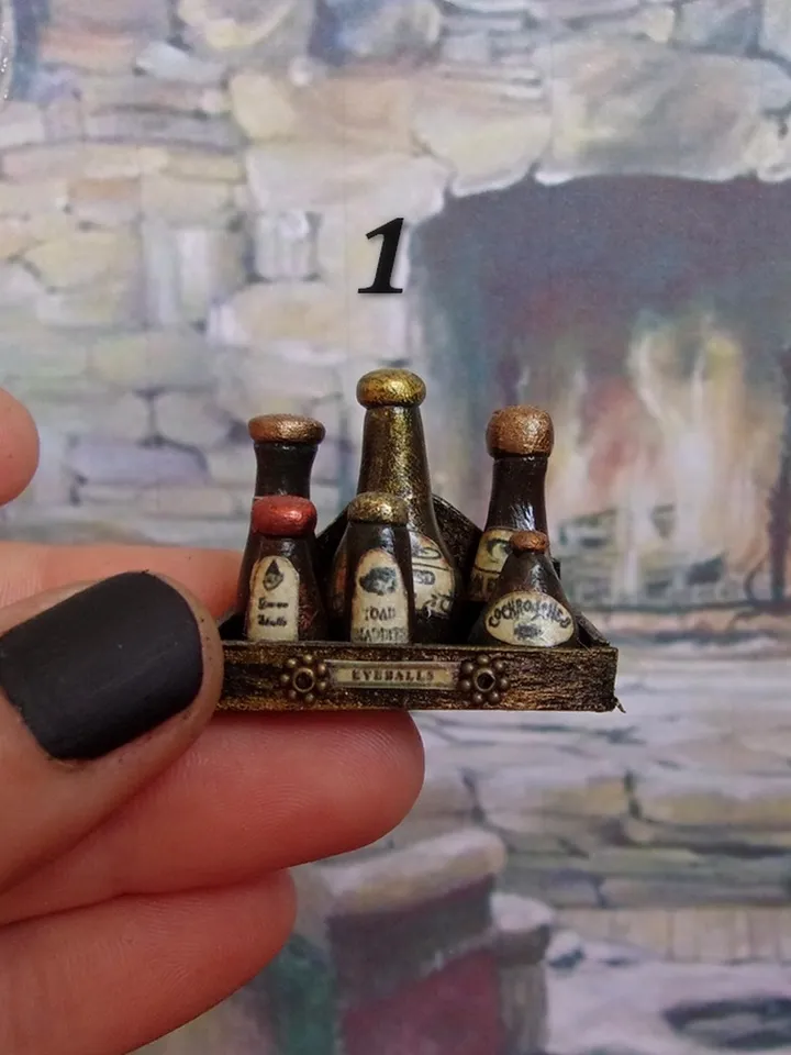 A set of bottles in a box.Bottles with poisons. Dollhouse accessories.1:12 scale.