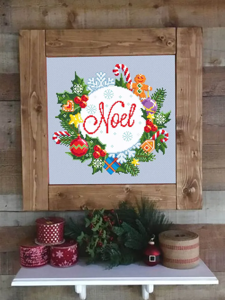 Christmas cross stitch pattern download PDF, Christmas wreath cross stitch chart Christmas pattern digital Winter holiday embroidery #N22