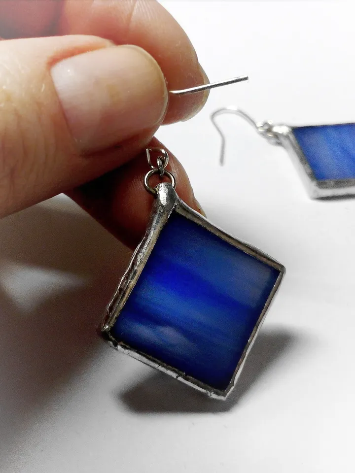 Simple stained glass, blue earrings, cute squar earrings, geomentic earrings