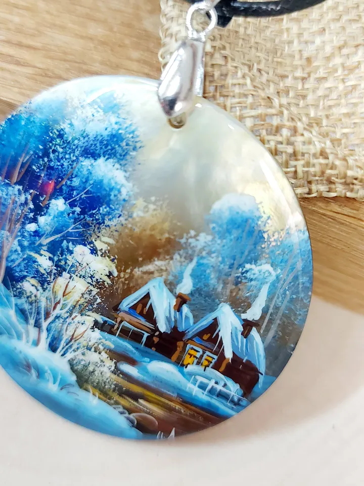 Nice Pendant Winter landscape. Village. Mother-of-pearl Russian hand painting. Hand-painted necklace pendant. Miniature painting