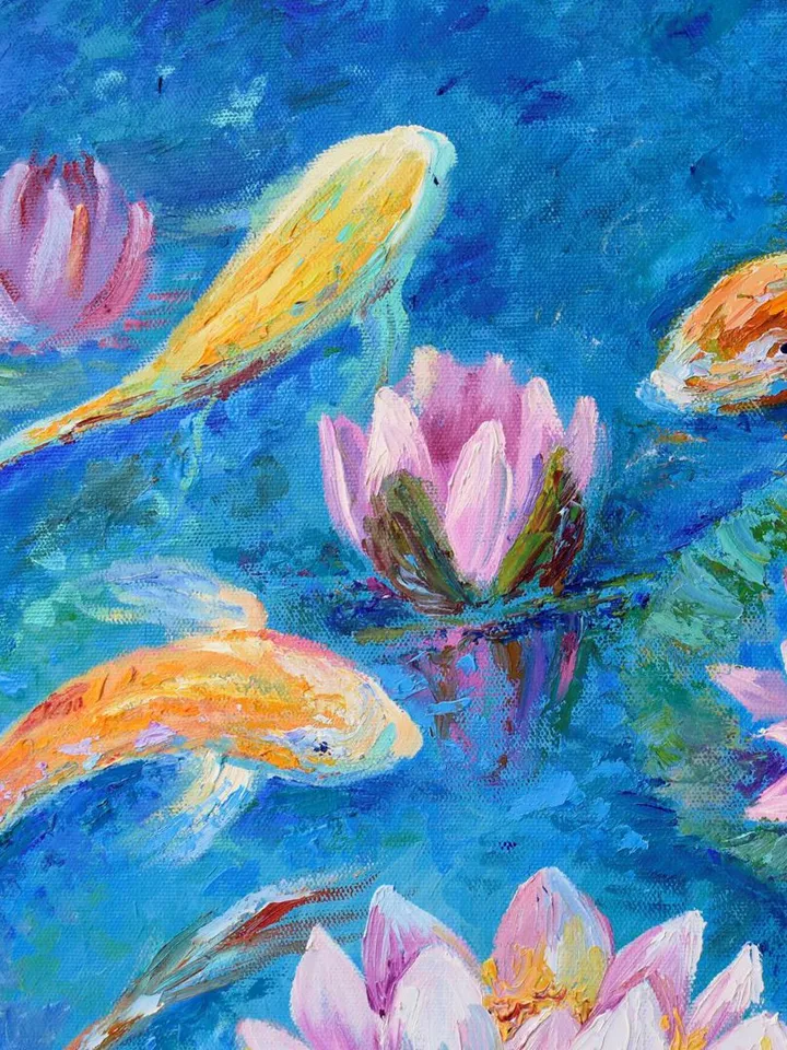 Koi Painting Original Art Fishes in the pond artwork 24 by 24 inch Water lilies art Koi fish Lotus oil painting