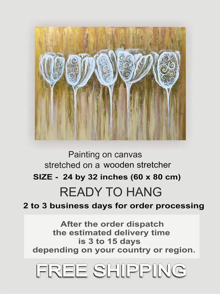 Gold and White Abstract Wall Art Floral Painting Tulips Original art White Flowers artwork by Juliya JC