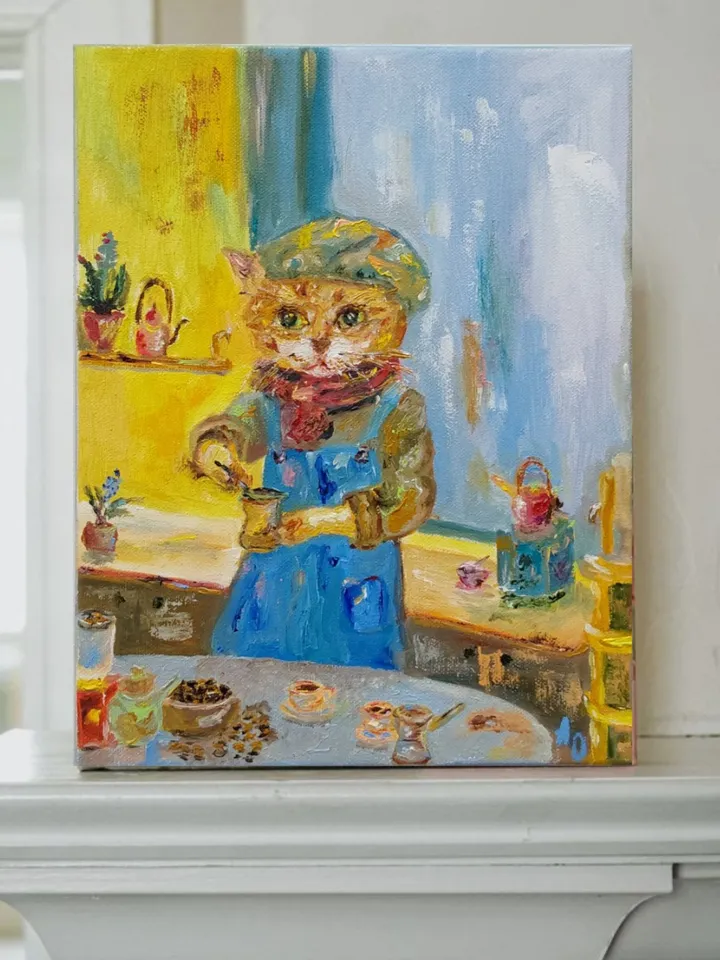 Oil painting on canvas "Cat Barista" 24x30cm (9.6x12 inch)