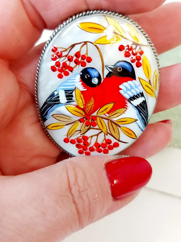 Brooches for women: Red bird couple pin • handmade jewelry painted on mother of pearl • bullfinch bird painted on statement brooch