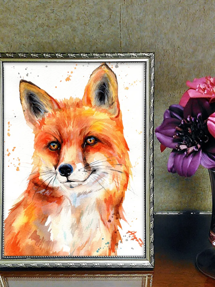Fox original watercolor, animals painting, wall decor, 7x10 in art for animal lovers by Anne Gorywine