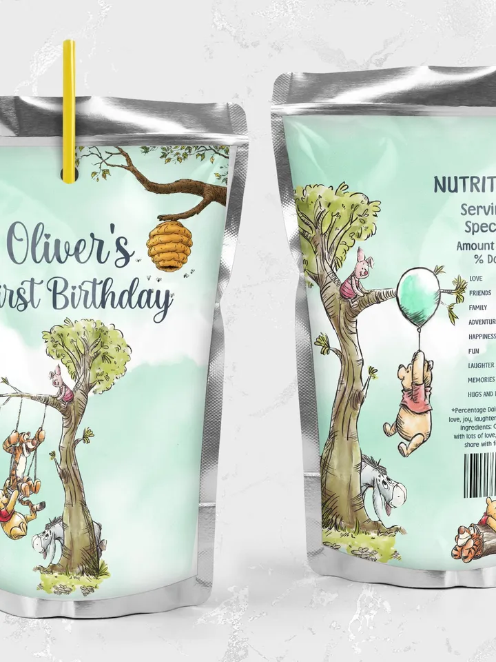 Editable Juice Label Hundred Acre Wood First Birthday party juice label; Winnie the Pooh Party; Classic Pooh Party Birthday ; wp5