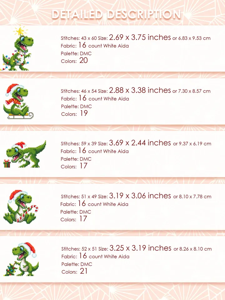 Funny dinosaur christmas cross stitch pattern PDF download, Set of 10 small dinosaur cross stitch chart, Cute dino pattern digital PDF #N120