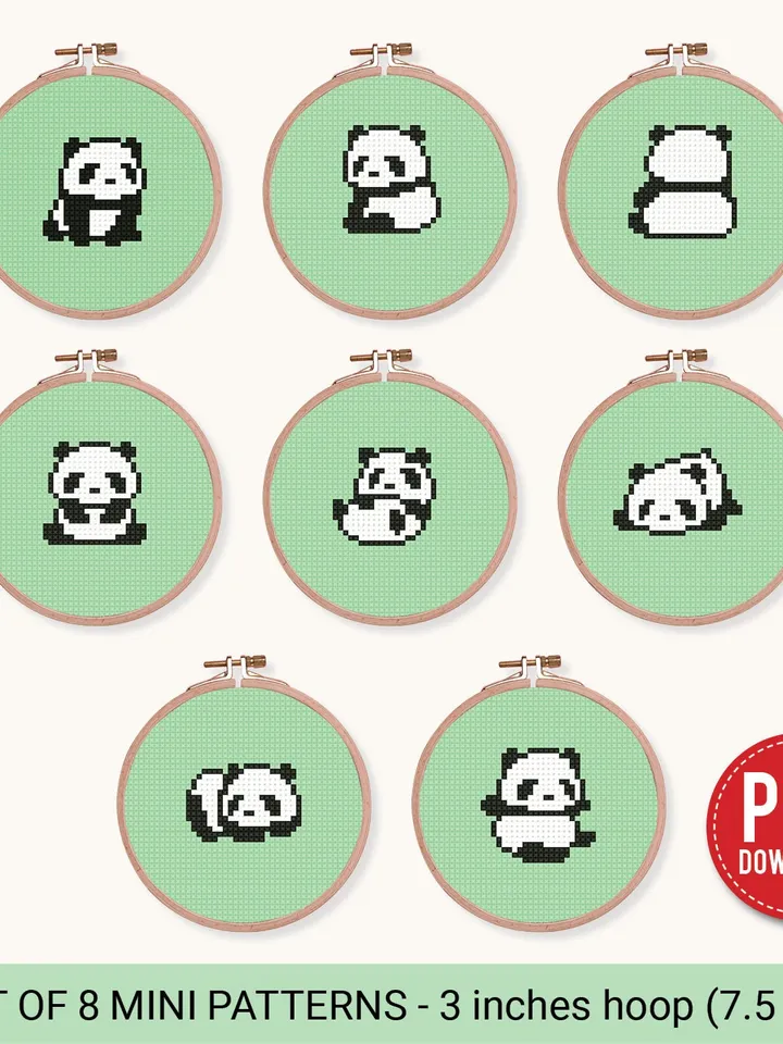 Bundle of 8 mini cute pandas Cross stitch patterns contemporary panda animals beginner counted modern chart gift DIY embroidery instant PDF