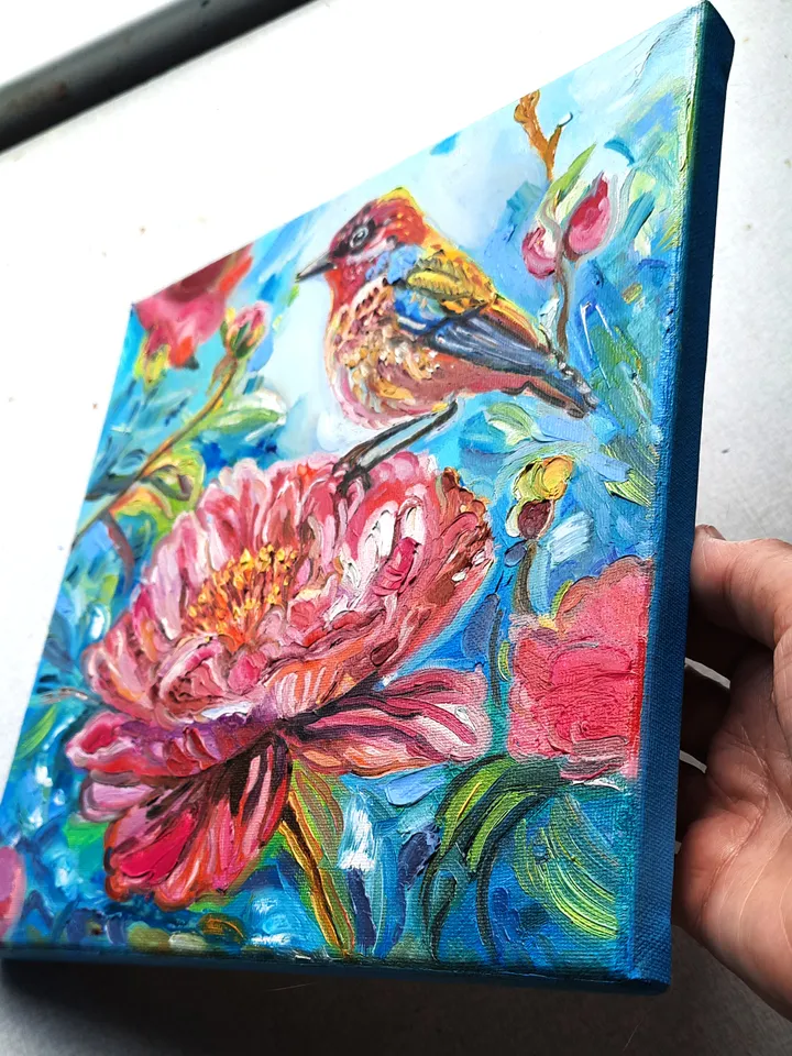 Bird Red Art Original Oil Painting Oil on canvas