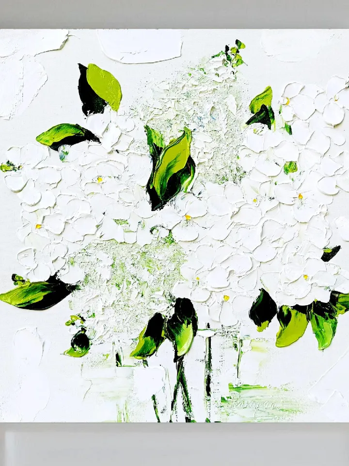 White Hydrangea Painting Original Art Impasto Oil Painting Christmas Gifts Abstract Floral Palette knife Flower Painting