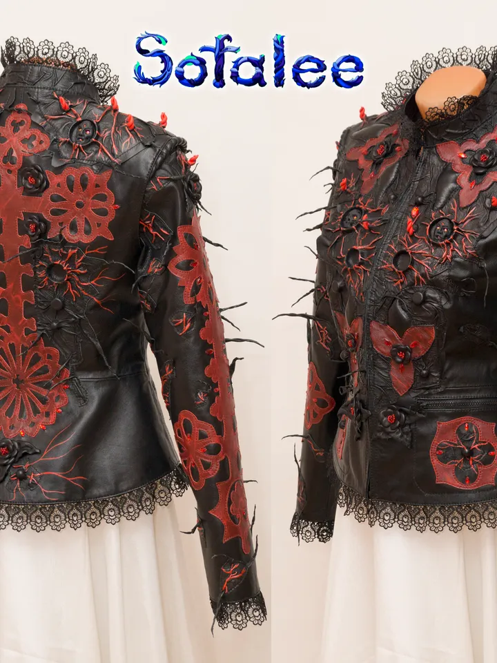 Women's Genuine leather jacket gothic aristocratic style red black color, leather clothes by Sofalee