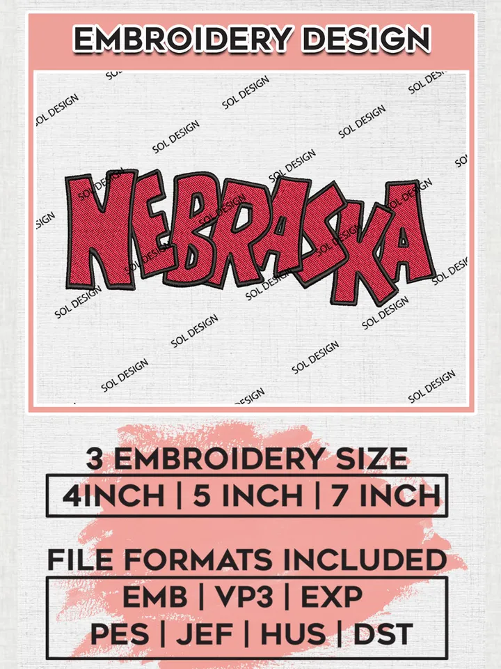 NCAA Nebraska Team Word Logo Embroidery Design Files, NCAA Nebraska Cornhuskers Machine Embroidery, NCAA Teams, 3 sizes, NCAA Machine embroidery designs, Digital Download