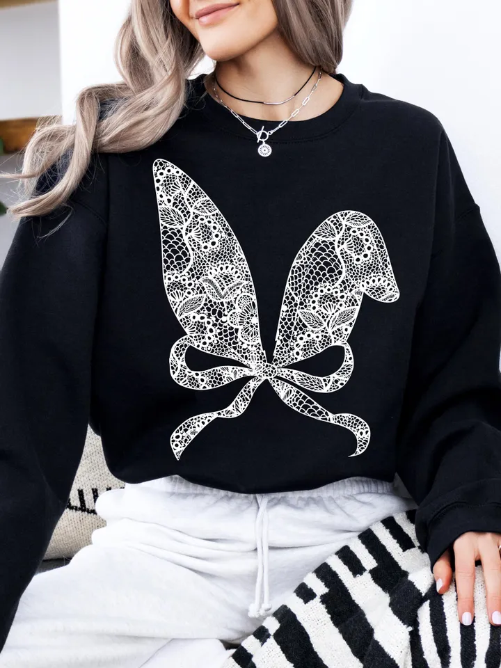 Hand Drawn Bunny Ears With Bow PNG Easter PNG Bunny PNG Faux Embroider Lace Coquette Easter Bunny Shirt Easter Original D - License Required
