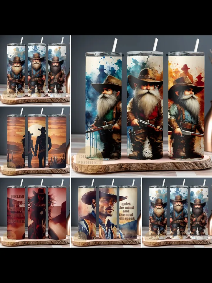10 Western Cowboy 20 Oz Tumbler Wraps png Bundle, Cowboy and Cowgirl Sublimation Bundle Tumbler Designs png, Cowboy Gnomes Tumbler Wrap png
