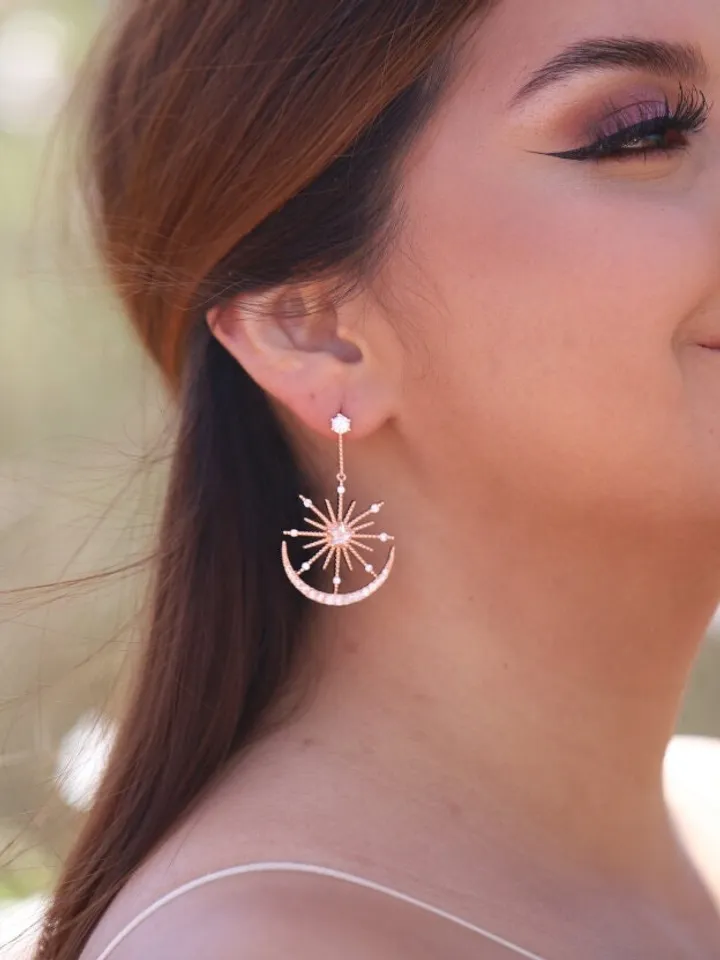 Rose Gold Moon and Star Hoop Wedding Earrings, Celestial Boho Bridal Earrings, Bridesmaid Gift, Dangle Earrings Bohemian Jewelry, Jewellery