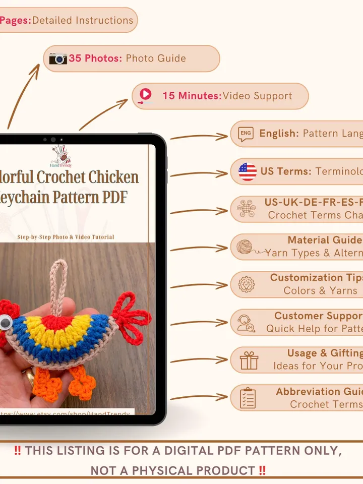 Colorful Crochet Chicken Keychain Pattern PDF - Amigurumi Farm Animal DIY Tutorial - Handmade Ornament Crochet Pattern for Beginners