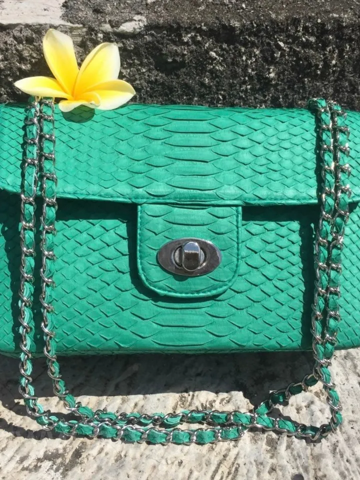 Genuine python skin maxi crossbody turquise bag, summer big chain crossbody, elegant classy crossbody bag genuine leather summer | snakeskin