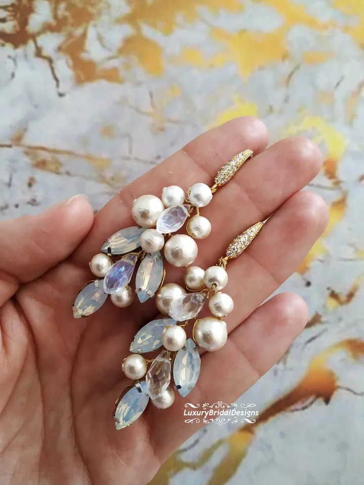 Opal Boho Wedding Earrings, Rose Gold Bridal Earrings, Pearl Bridal Jewelry, Chandelier Statement, Bridal Earrings, Boho Wedding Earrings