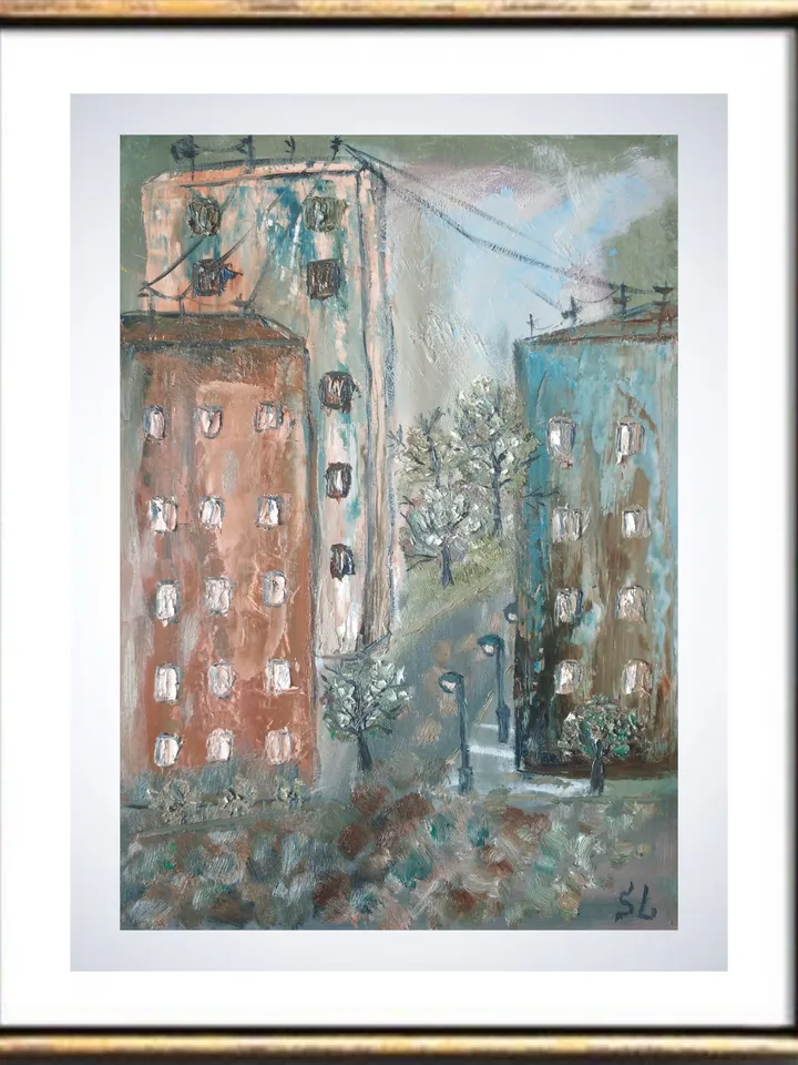 Oil Painting City Streets at Dawn, Empty Streets, Original Art, Handmade, Paper 12x8 inches