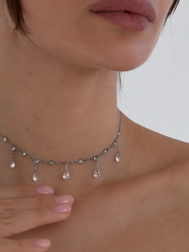 Women's silver 925 chain with cubic zirconia, silver necklace with drop pendants