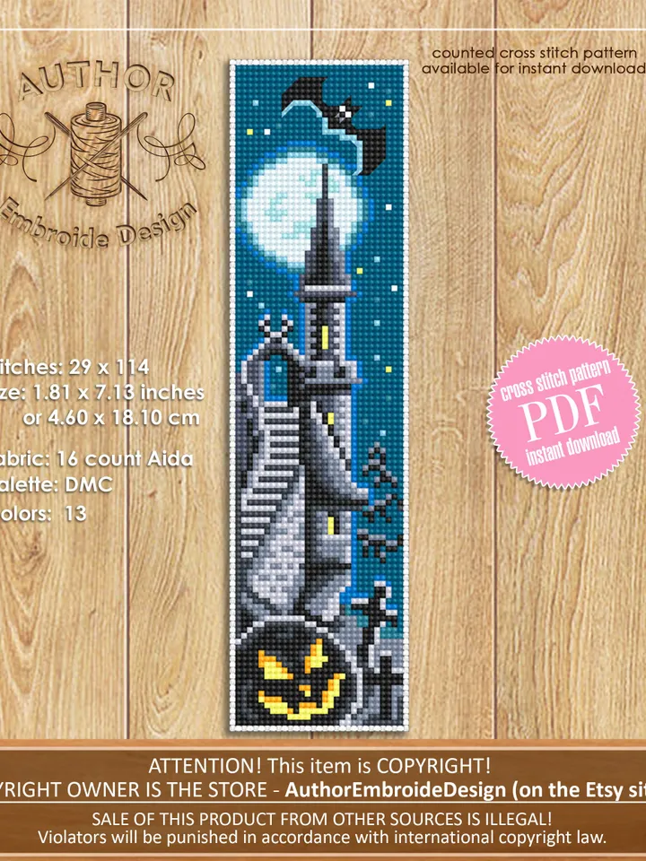 Halloween bookmark cross stitch pattern PDF download Haunted house cross stitch chart Handmade bookmark pattern digital Spooky Halloween #B6