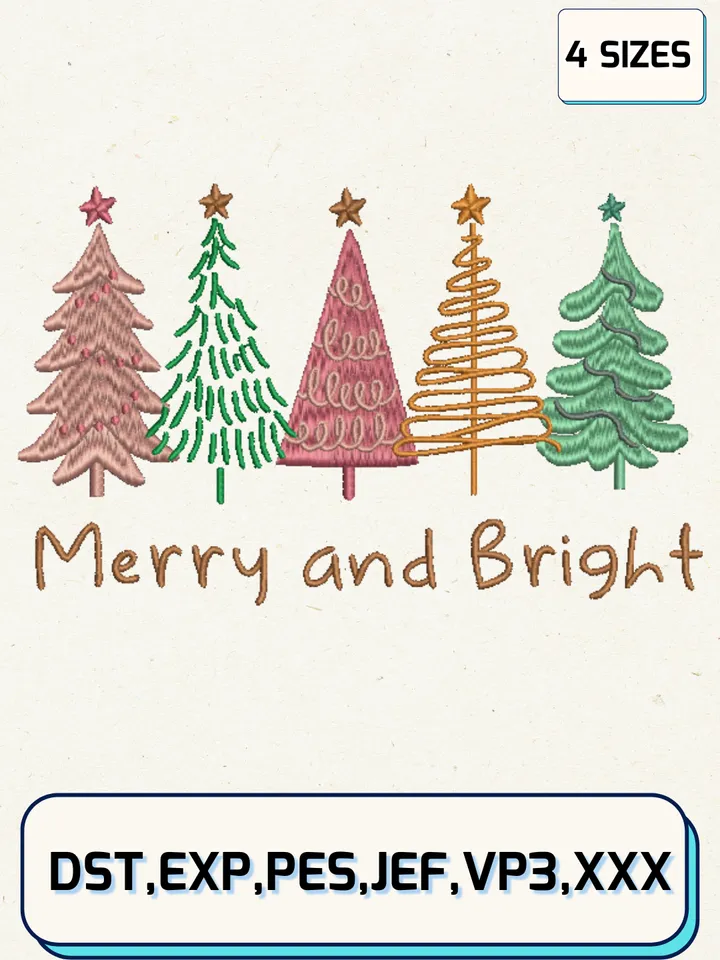 Merry And Bright Tree Embroidery Files,Christmas Embroidery Designs,Machine Embroidery Files,4 Sizes