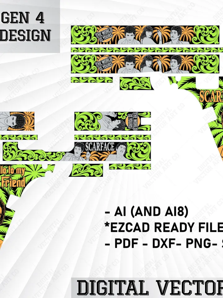 Glock 19 Gen 4 Engraving Design – Scarface Style Inspired SVG Vector | Svg Scrolls | Laser Engraving Cut File | EZCAD Ready Digital Download