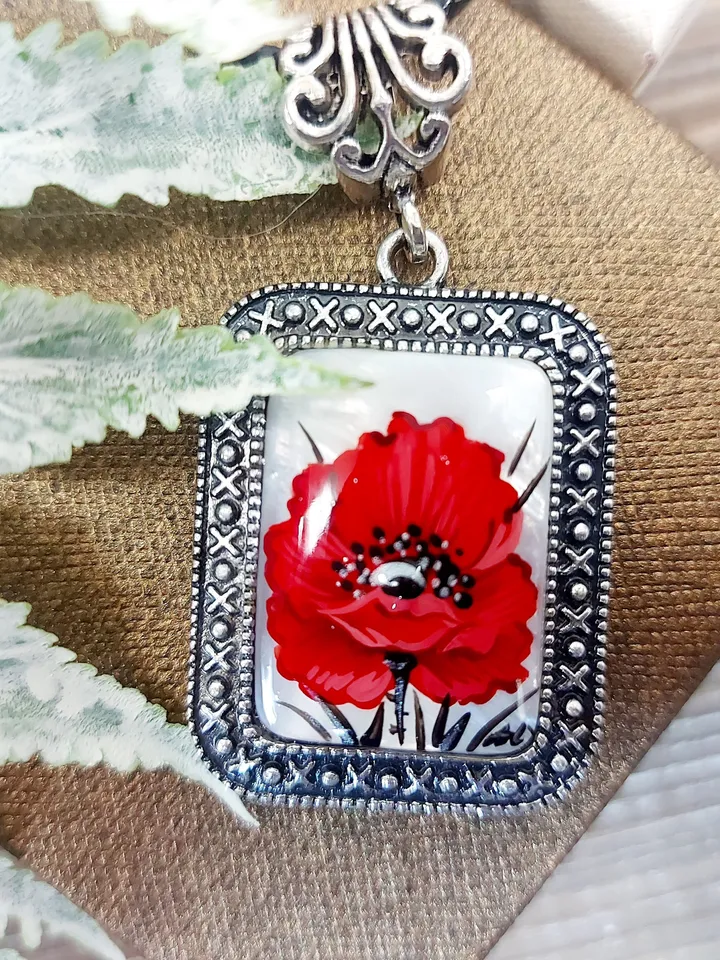 Pearl pendant necklace: Square pendant with big red poppy flower painted on shell • handmade Russian jewelry • unique trendy necklaces