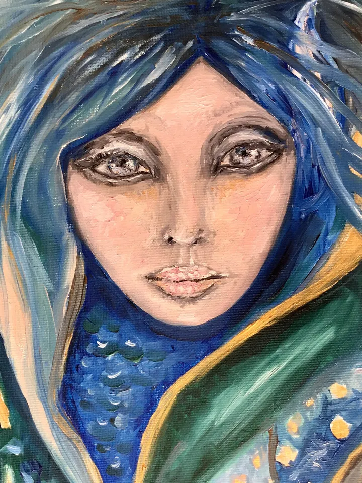 Blue nimpth-Mermaid original oil painting on canvas,one of a kind blue water nimph painting ,seamaid wall art,fantasy woman painting.