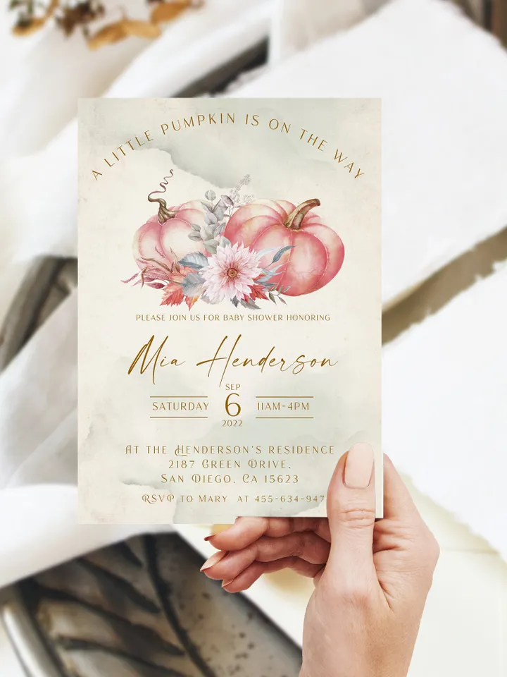 2022 Pumpkin Baby Shower Invitation; Little Pumpkin is on the way; Pink Pumpkins Invitation; Autumn Baby Shower; Editable Template Canva