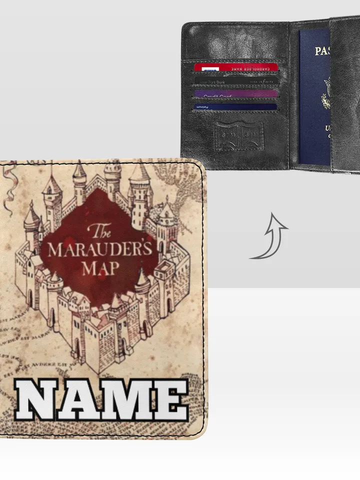 Marauders Map Harry Potter Passport Cover Custom NAME, Passport Holder High-Grade Microfiber Leather
