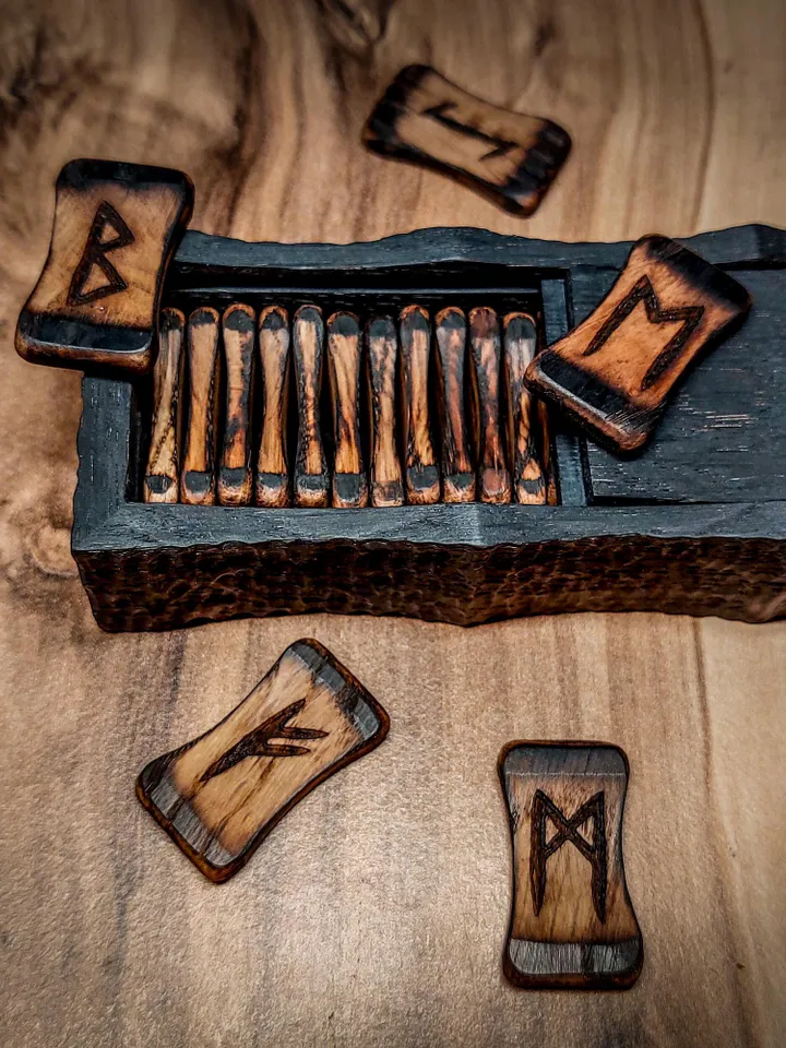 Celtic Scandinavian Oak Runes. Wooden Box. Elder Futhark. Viking Rituals.