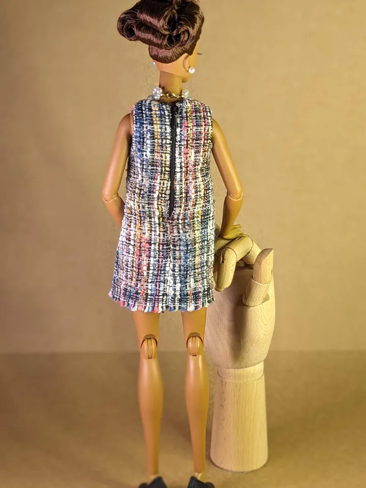 Handmade checked black & blue bouclé mini dress for 16-inch Fashion Royalty dolls (FR16)